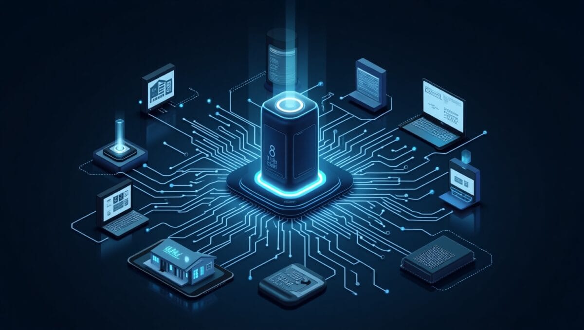 Ein zentraler Server ist über digitale Leitungen mit mehreren elektronischen Geräten verbunden, die den Datenaustausch in einem vernetzten System darstellen.