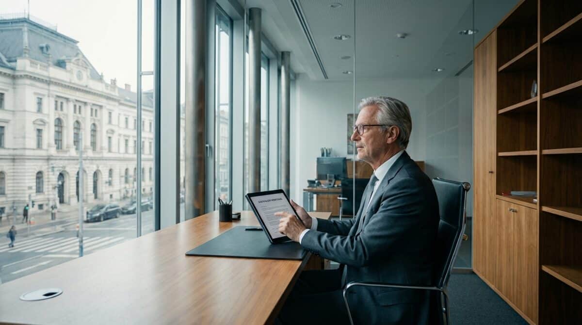 Ein älterer Mann im Anzug sitzt an einem modernen Bürotisch an einem großen Fenster, hält ein Tablet in der Hand und blickt auf den Bildschirm, während draußen Gebäude zu sehen sind.