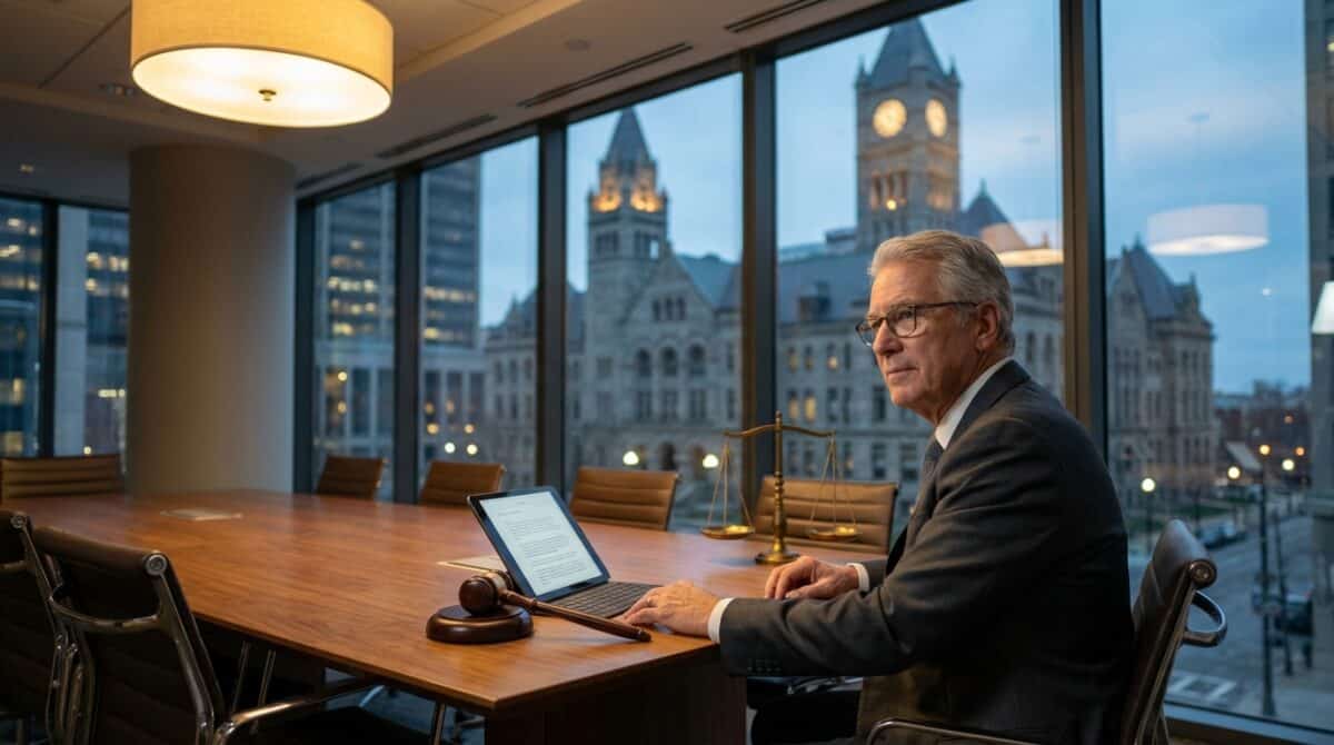 Ein älterer Mann im Anzug sitzt an einem Konferenztisch mit Laptop und Hammer in einem modernen Büro mit Blick auf die historischen Gebäude der Stadt in der Abenddämmerung.