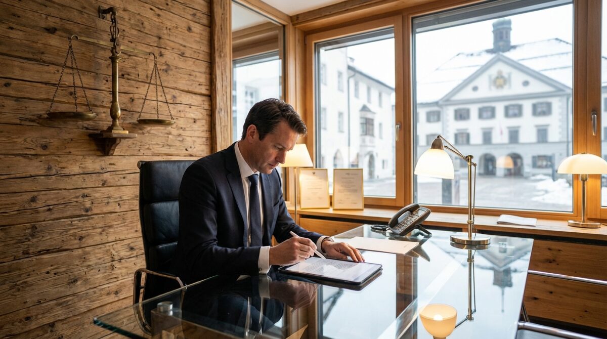 Ein Mann im Anzug sitzt an einem gläsernen Schreibtisch in einem holzgetäfelten Büro und unterschreibt ein Dokument. Eine Waage und Urkunden sind zu sehen, große Fenster zeigen ein verschneites Gebäude vor der Tür.