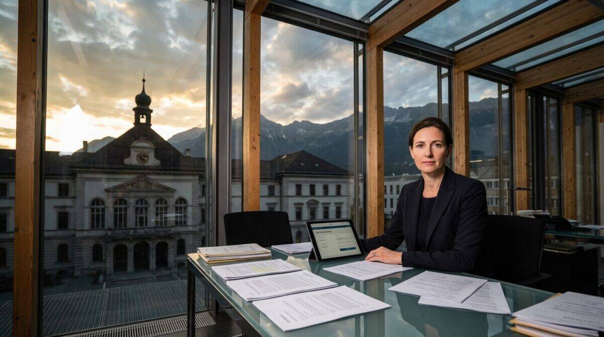 Eine Frau in Geschäftskleidung sitzt an einem gläsernen Schreibtisch mit Papieren und einem Tablet in einem modernen Büro mit großen Fenstern und Blick auf ein historisches Gebäude und die Berge bei Sonnenuntergang.