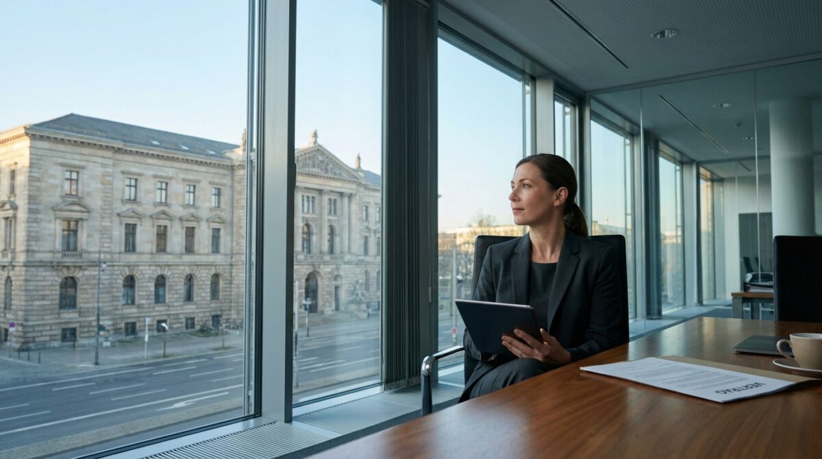 Eine Frau im Geschäftsanzug sitzt an einem Konferenztisch, hält ein Tablet in der Hand und blickt aus einem großen Fenster auf historische Gebäude auf der anderen Seite einer ruhigen Straße.