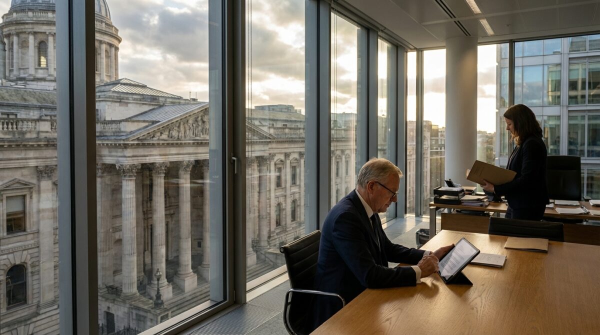 Zwei Personen arbeiten in einem modernen Büro mit großen Fenstern und Blick auf ein historisches Steingebäude; die eine arbeitet mit einem Tablet an einem Schreibtisch, die andere hält Ordner in der Hand.