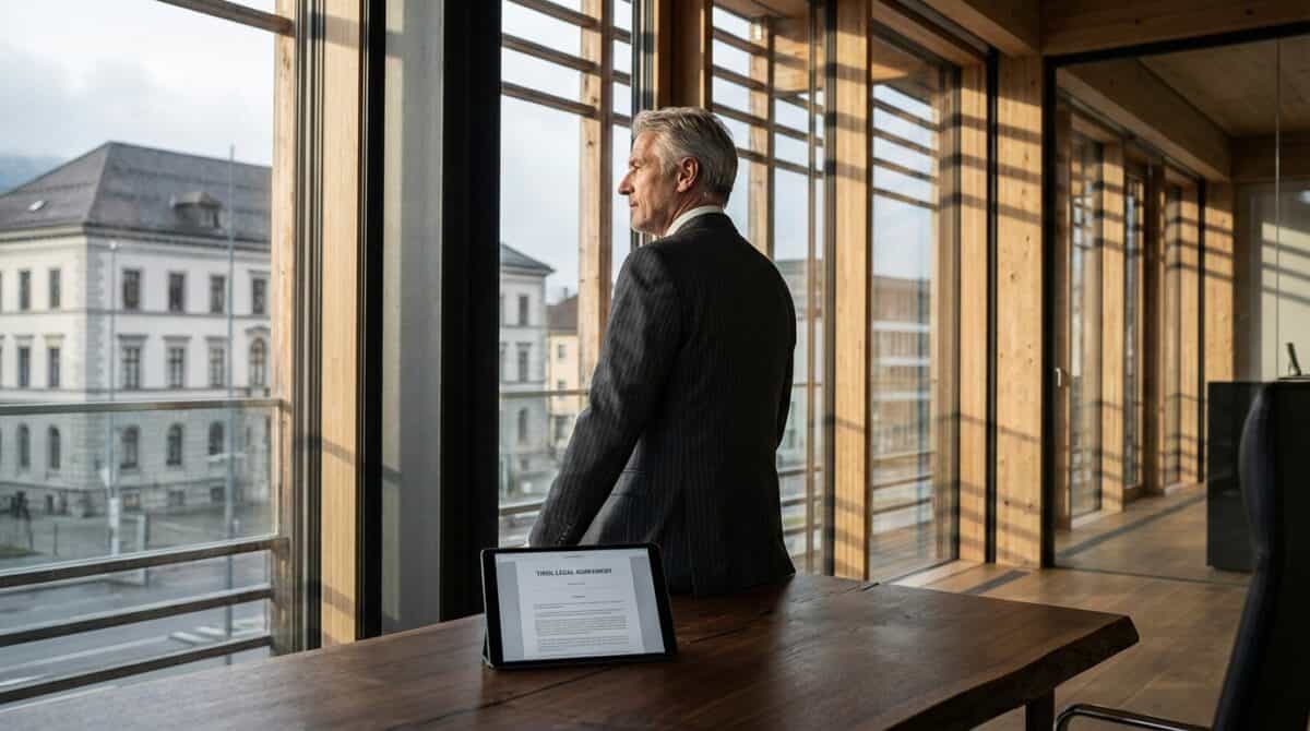 Ein Mann im Anzug steht an einem großen Bürofenster und schaut nach draußen. Auf dem hölzernen Schreibtisch vor ihm liegt ein Tablet mit einem Dokument.