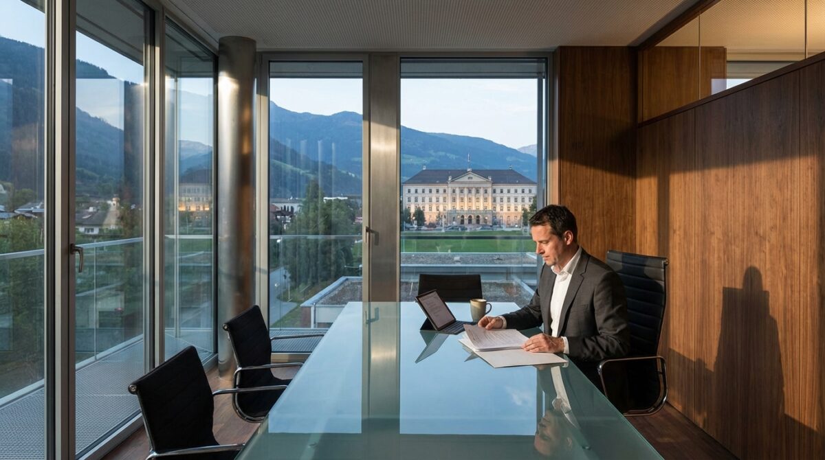Ein Mann im Anzug sitzt allein an einem gläsernen Konferenztisch in einem modernen Büro mit großen Fenstern, liest Dokumente und benutzt ein Tablet; draußen sind Berge und ein großes Gebäude zu sehen.