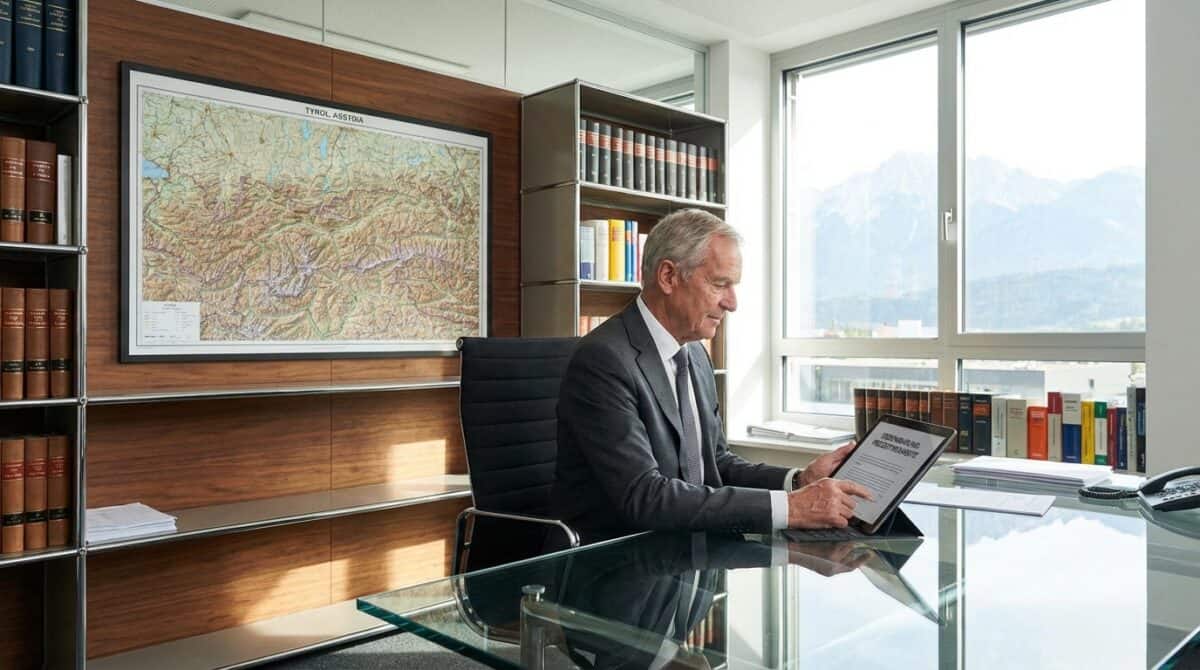 Ein älterer Mann im Anzug sitzt an einem gläsernen Schreibtisch in einem Büro und liest ein Dokument. Im Hintergrund sind Bücherregale und eine große Landkarte zu sehen, durch das Fenster sieht man Berge.