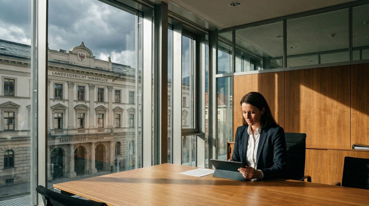 Eine Frau in Business-Kleidung sitzt an einem Konferenztisch und arbeitet an einem Tablet in einem modernen Büro mit großen Fenstern und Blick auf das Gebäude des Landesgerichts Innsbruck.
