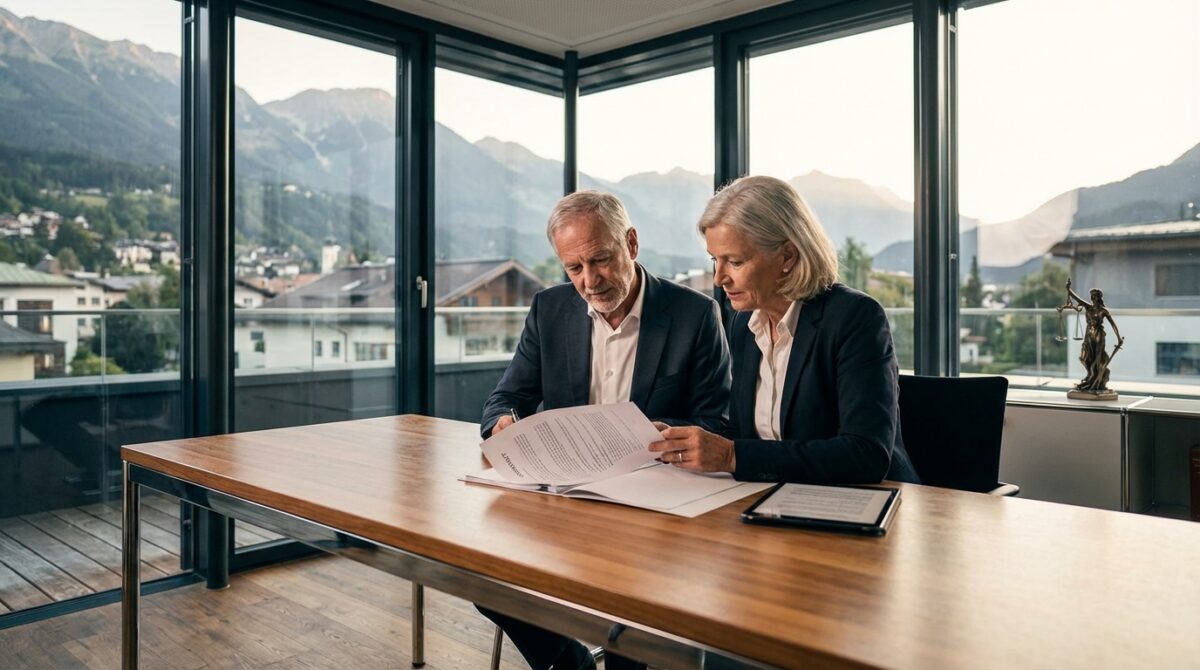In einem Büro mit großen Fenstern und Blick auf die Berge und die Stadt prüfen zwei ältere Menschen in Geschäftskleidung Dokumente an einem hölzernen Schreibtisch.