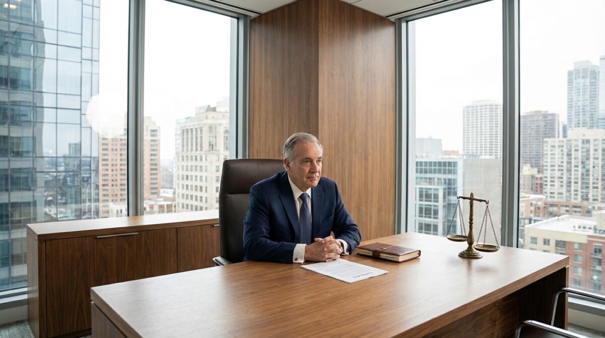 Ein älterer Mann im Anzug sitzt an einem großen Holzschreibtisch in einem modernen Büro mit Blick auf die Stadt, vor ihm liegen Rechtsbücher, Papiere und eine Messingwaage.