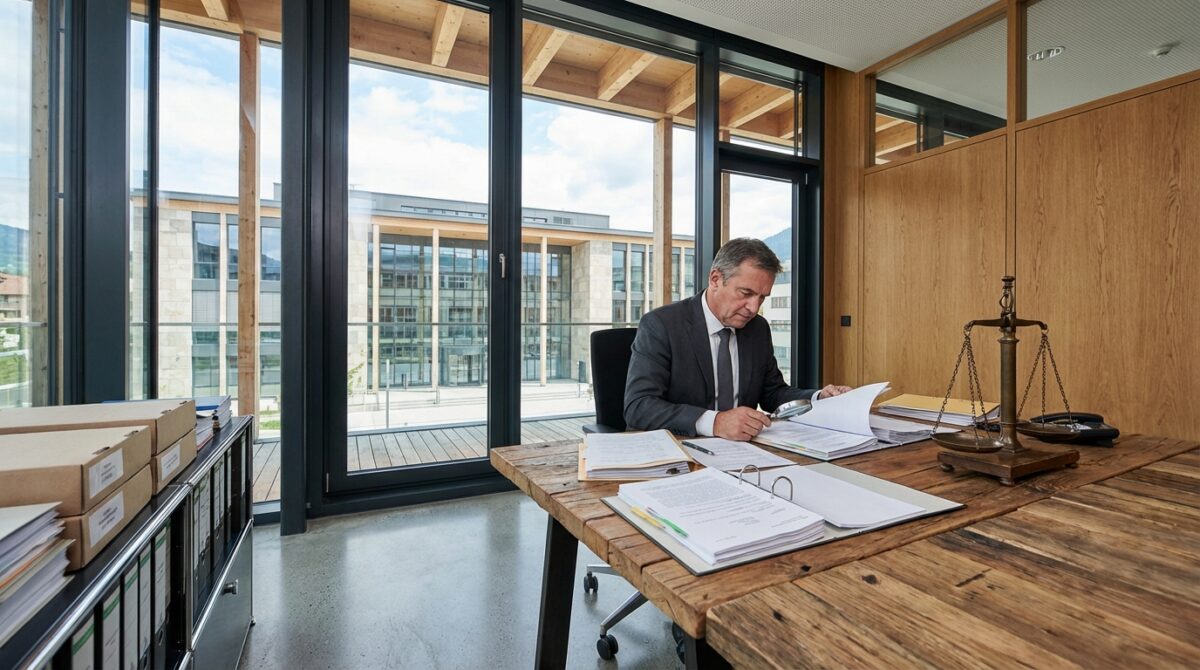Ein Mann im Anzug sitzt an einem hölzernen Schreibtisch in einem modernen Büro und prüft Dokumente. Auf dem Schreibtisch sind eine Waage und Papierkram zu sehen, und im Hintergrund befinden sich große Fenster.