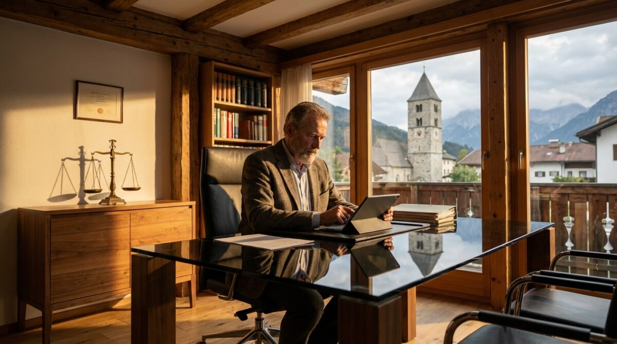 Ein Mann im Anzug arbeitet an einem Tablet an einem Schreibtisch in einem modernen Büro mit großen Fenstern und Blick auf eine historische Kirche und eine Berglandschaft.