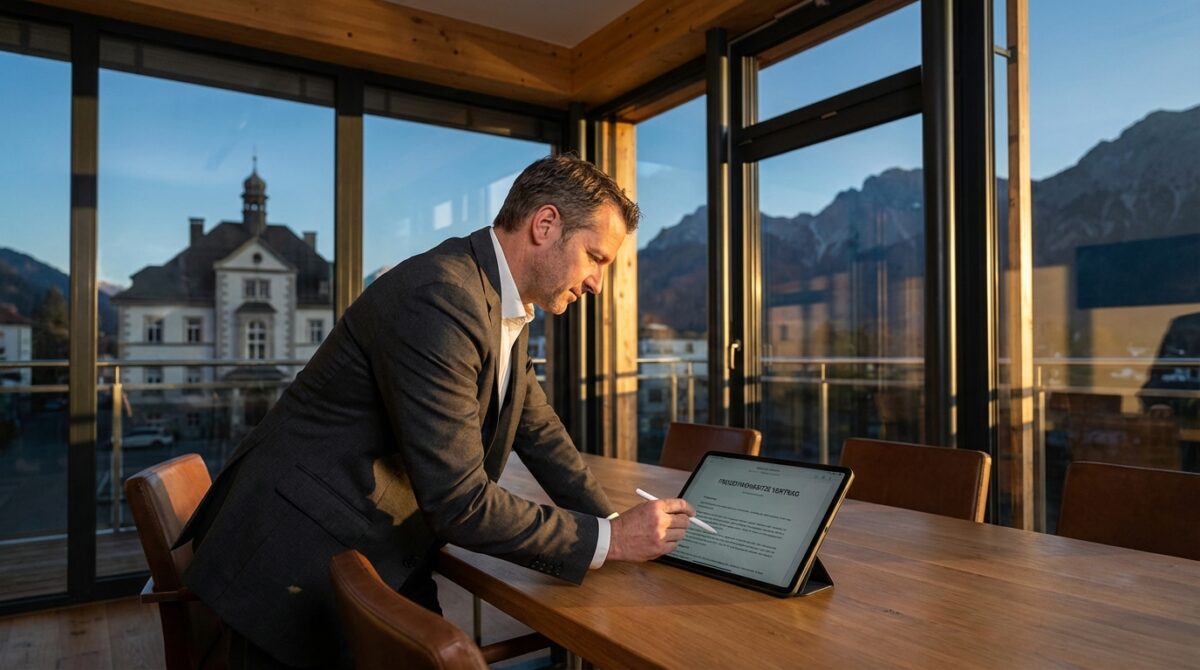 Ein Mann im Anzug steht an einem Holztisch und schreibt mit einem Stift auf einem Tablet in einem Innenraum mit großen Fenstern, die eine Aussicht auf Berge und Gebäude bei Sonnenuntergang zeigen.