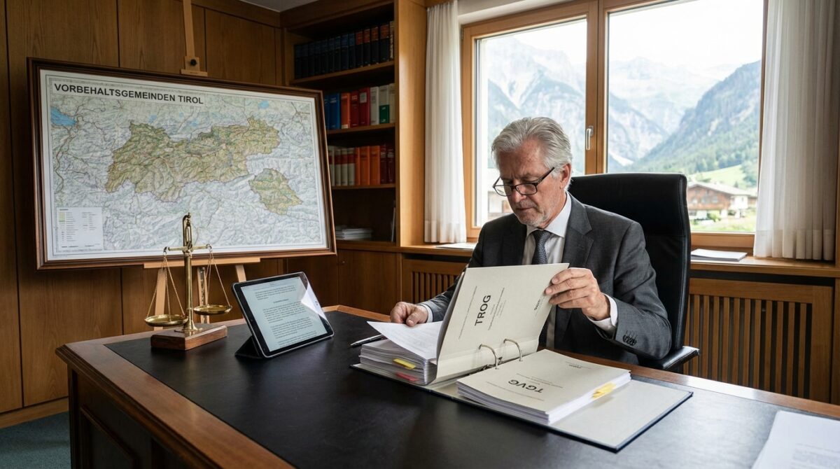 Ein älterer Mann im Anzug prüft Dokumente an einem Schreibtisch in einem Büro, an der Wand hängt eine Landkarte von Tirol, eine juristische Waage und daneben steht ein aufgeklappter Laptop.