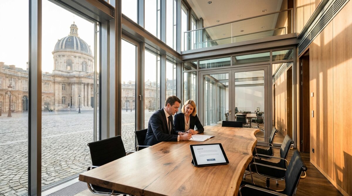 Zwei Personen sitzen an einem hölzernen Konferenztisch in einem modernen gläsernen Besprechungsraum und gehen Dokumente durch, während draußen ein historischer Kuppelbau zu sehen ist.