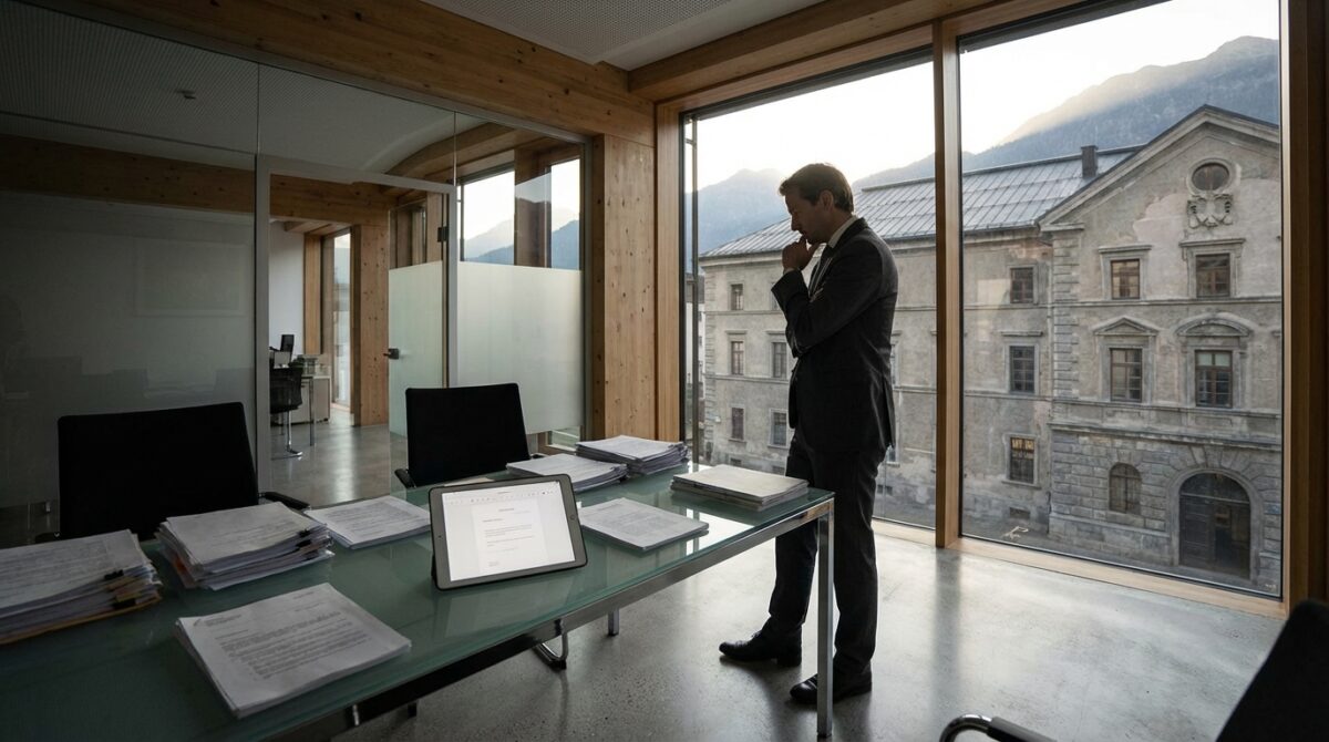 Eine Person in Geschäftskleidung steht vor einem Glastisch mit Dokumenten und einem Tablet in einem modernen Büro mit großen Fenstern und Blick auf historische Gebäude und Berge.