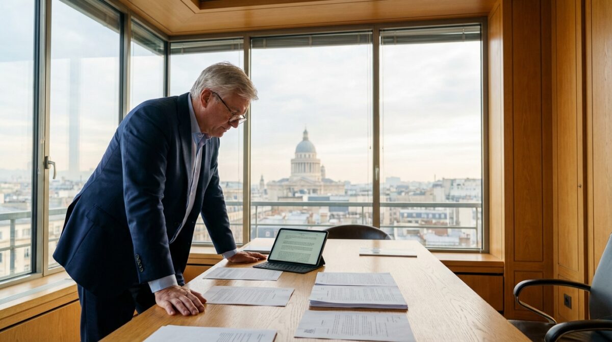Ein Mann im Anzug steht an einem Konferenztisch mit Dokumenten und einem Laptop und blickt auf den Bildschirm. Große Fenster hinter ihm zeigen eine Stadtlandschaft mit einem Kuppelgebäude.