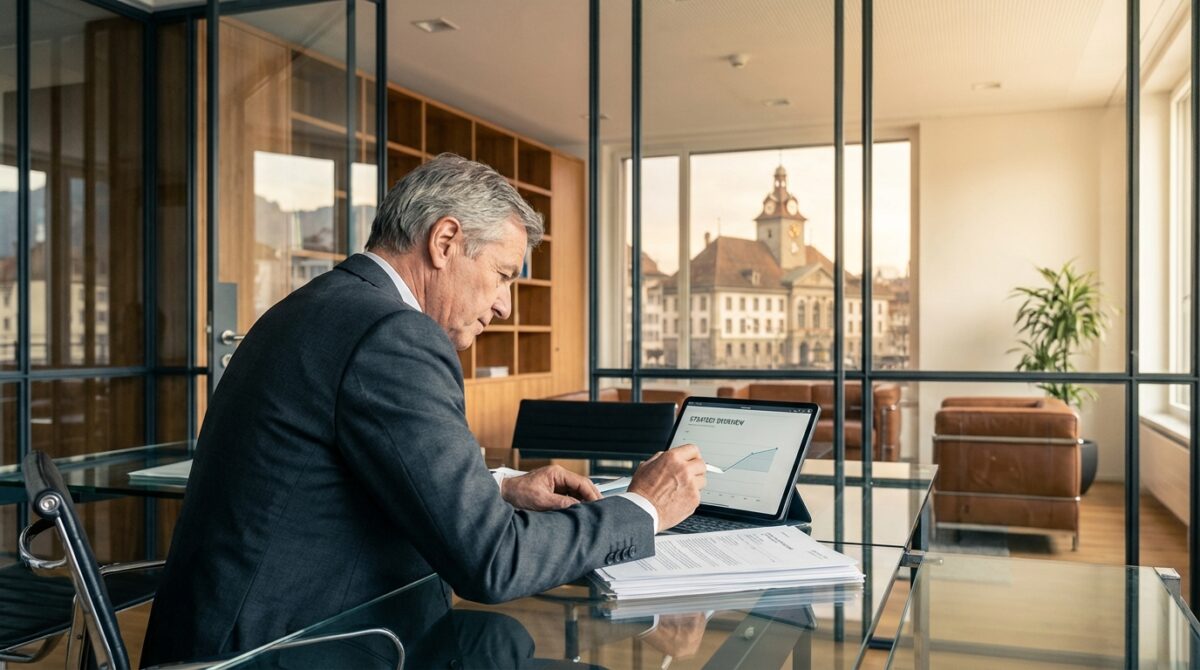 Ein älterer Mann im Anzug sitzt an einem gläsernen Schreibtisch in einem modernen Büro und schreibt auf Papieren neben einem geöffneten Laptop, auf dem eine Grafik angezeigt wird. Große Fenster zeigen eine Stadtlandschaft draußen.