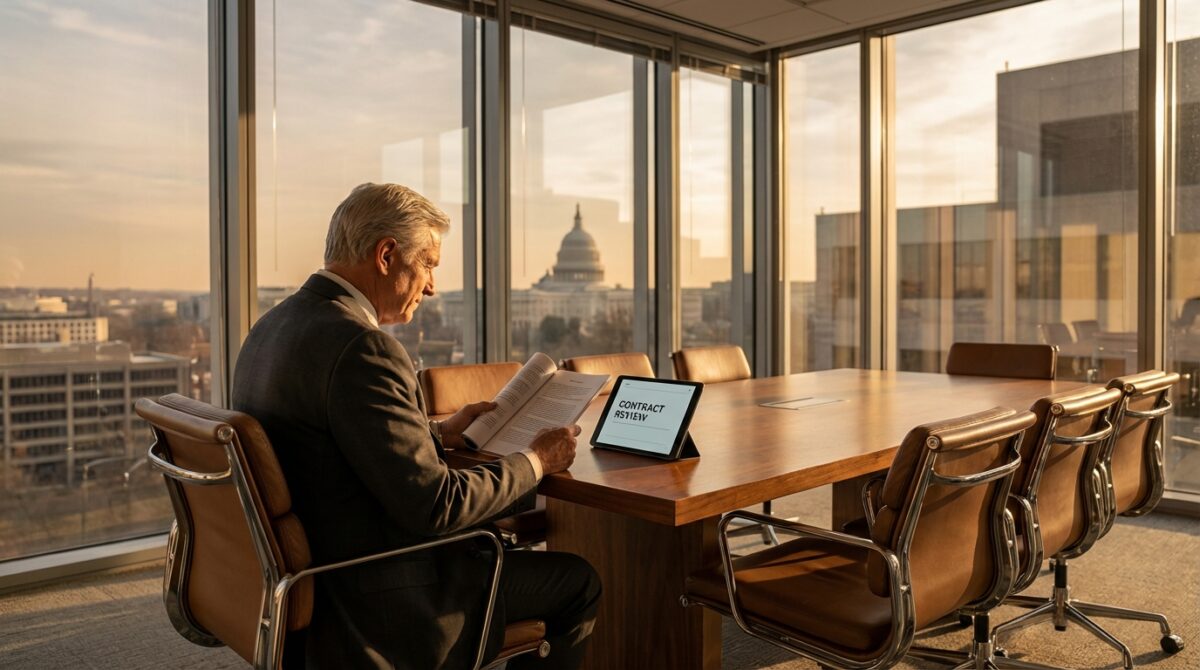 Ein Mann im Anzug sitzt allein in einem Konferenzraum mit großen Fenstern und liest ein Dokument. Ein Laptop auf dem Tisch zeigt CONTRACT REVIEW an. Draußen ist das U.S. Capitol zu sehen.