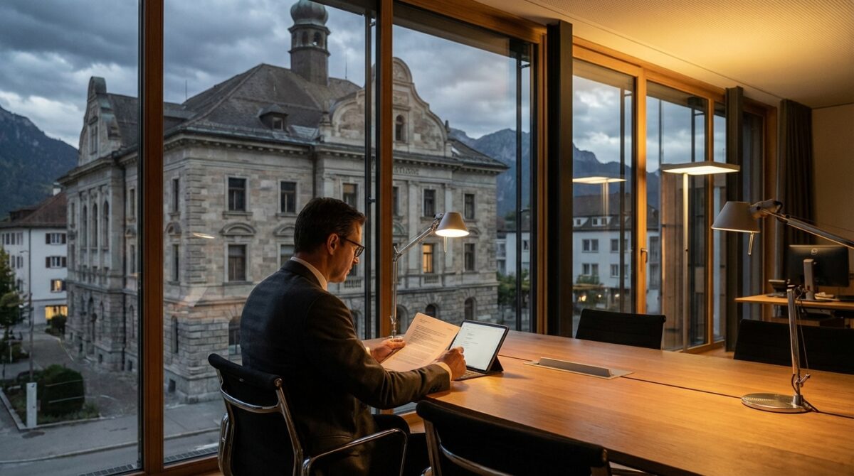 Ein Mann im Anzug sitzt an einem Konferenztisch mit Dokumenten und einem Tablet und blickt durch große Fenster auf ein historisches Gebäude in der Abenddämmerung.