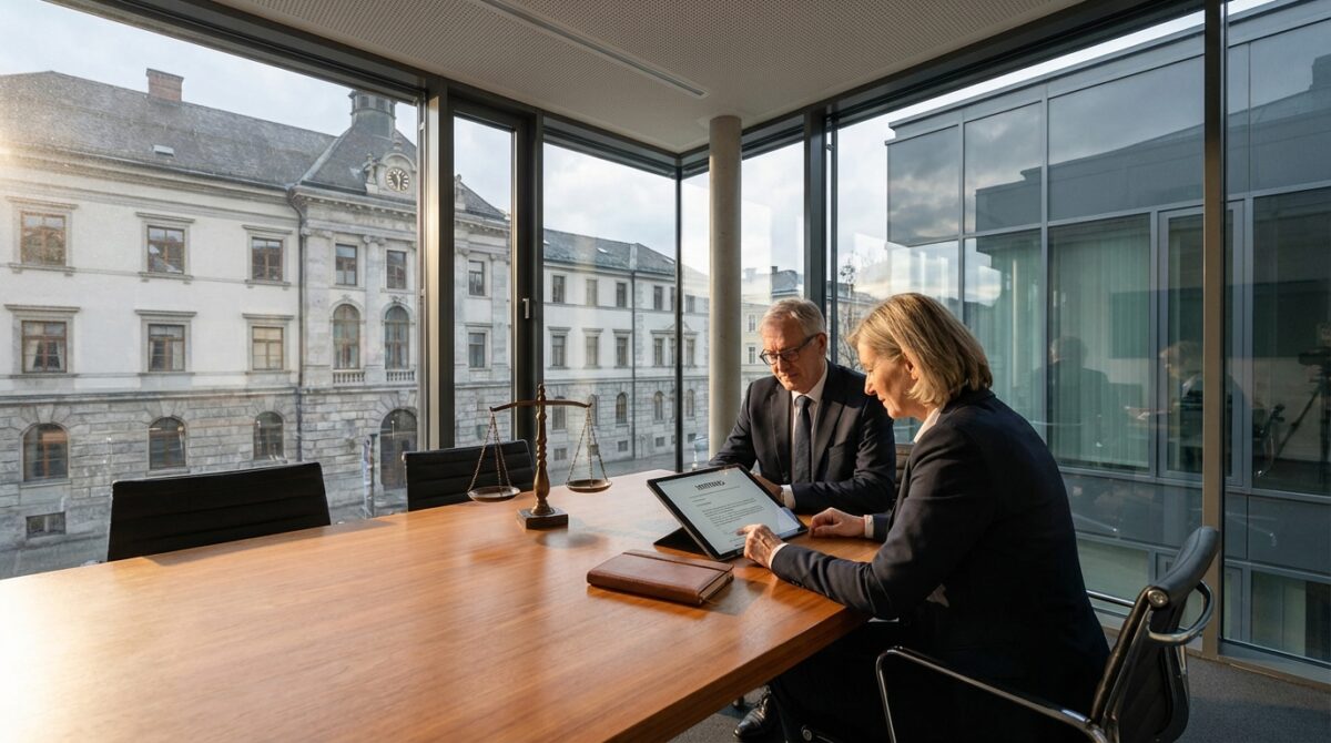 Zwei Personen in Geschäftskleidung sitzen an einem Konferenztisch in einem modernen Büro, wo sie ein Dokument auf einem Tablet durchsehen, und blicken durch große Fenster auf historische Gebäude.