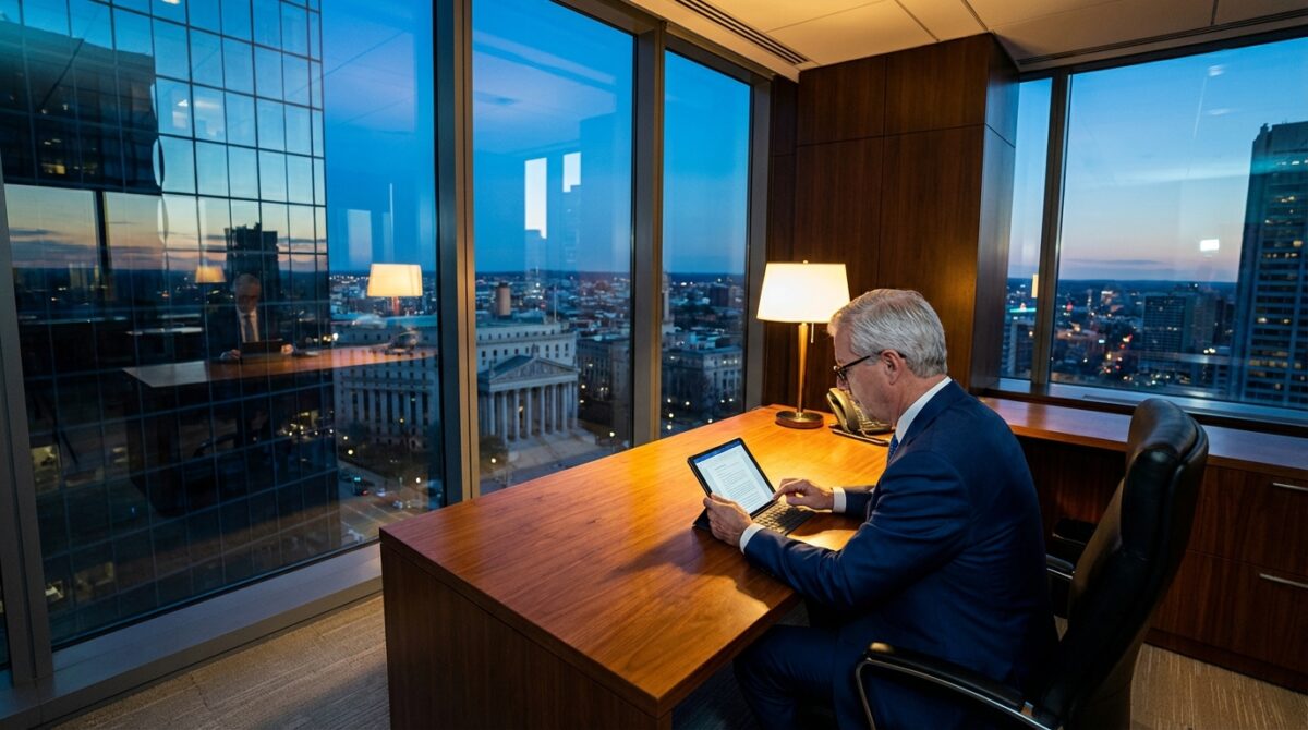 Ein Mann im Anzug arbeitet an einem Tablet an einem Holzschreibtisch in einem Hochhausbüro mit großen Fenstern und Blick auf eine Stadtlandschaft in der Abenddämmerung.