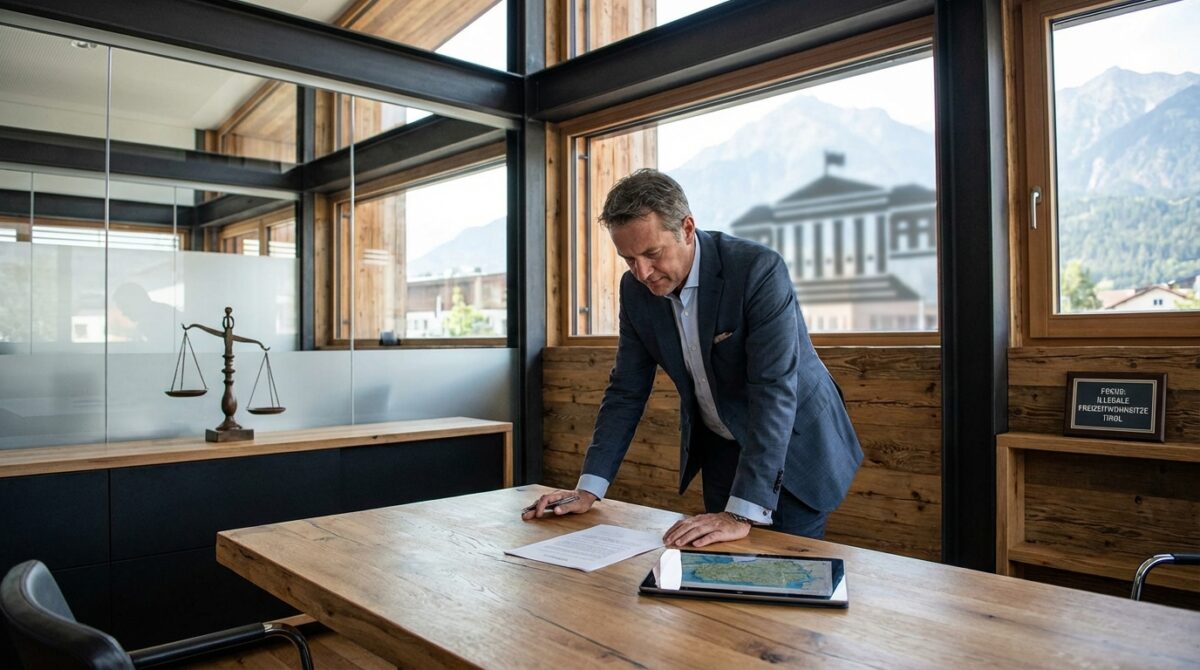 Ein Mann im Anzug steht in einem Büro, über einen Holztisch mit Papieren und einer Tafel gebeugt, hinter ihm sind durch große Fenster die Berge zu sehen.