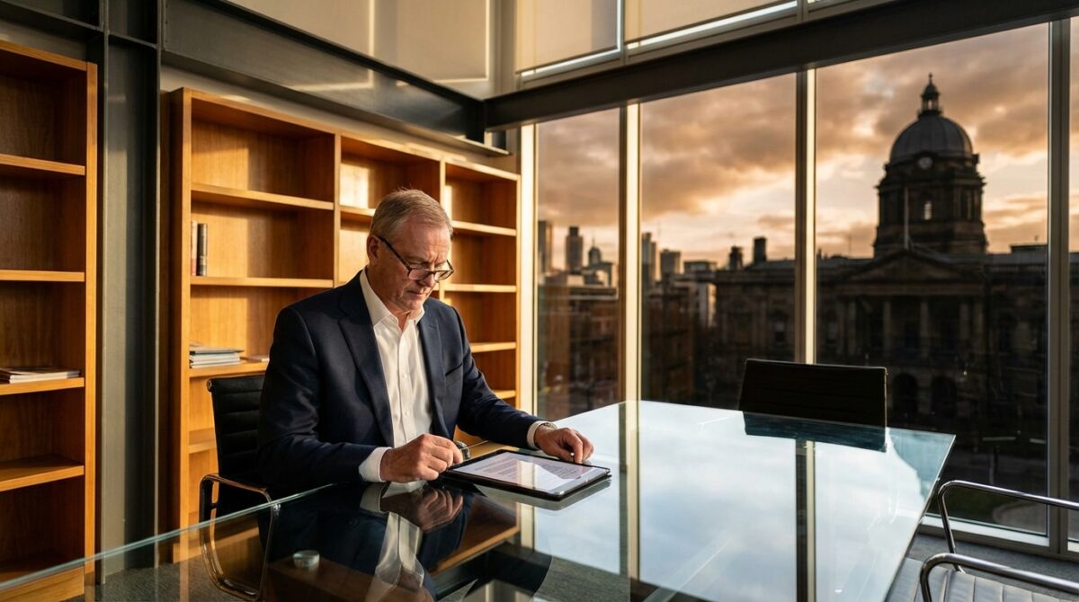 Ein älterer Mann im Anzug arbeitet an einem Tablet an einem gläsernen Schreibtisch in einem modernen Büro mit großen Fenstern und Blick auf ein historisches Gebäude bei Sonnenuntergang.