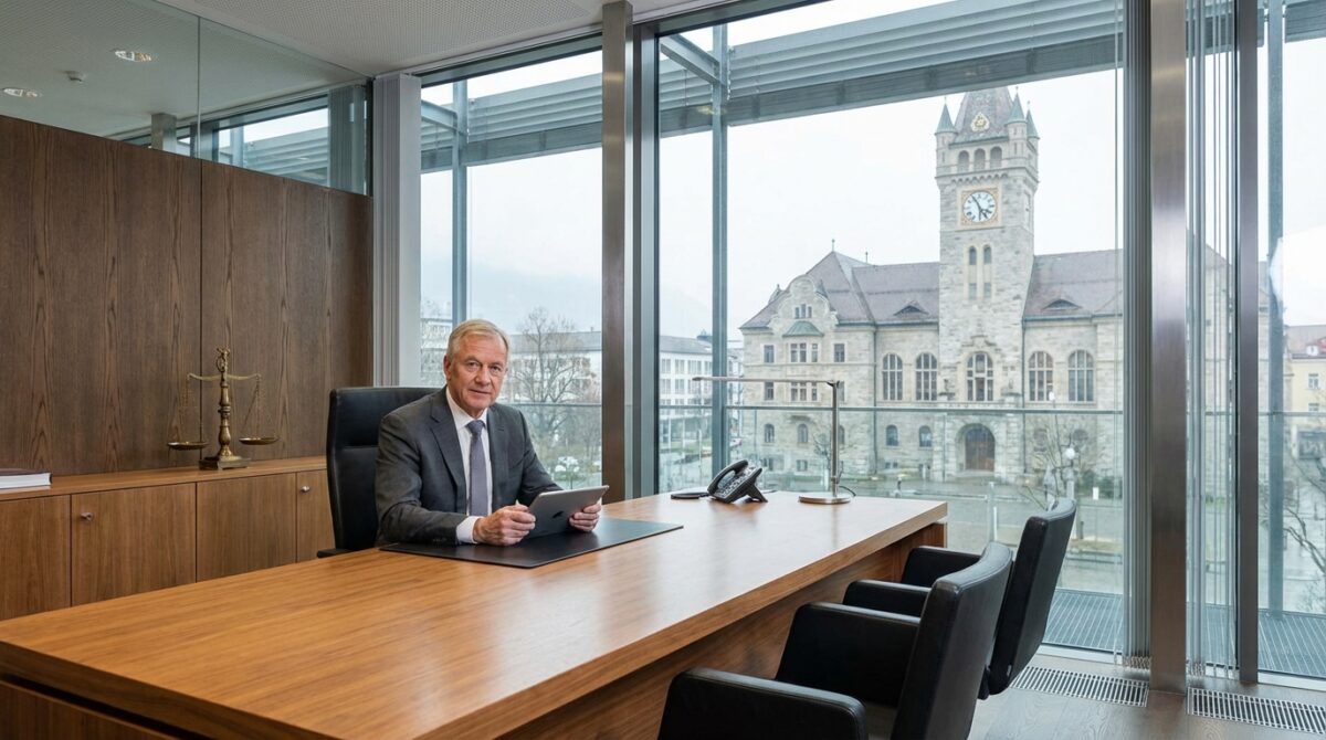 Ein Mann im Anzug sitzt an einem großen Holzschreibtisch in einem modernen Büro mit großen Fenstern und Blick auf ein historisches Gebäude mit einem Uhrenturm.