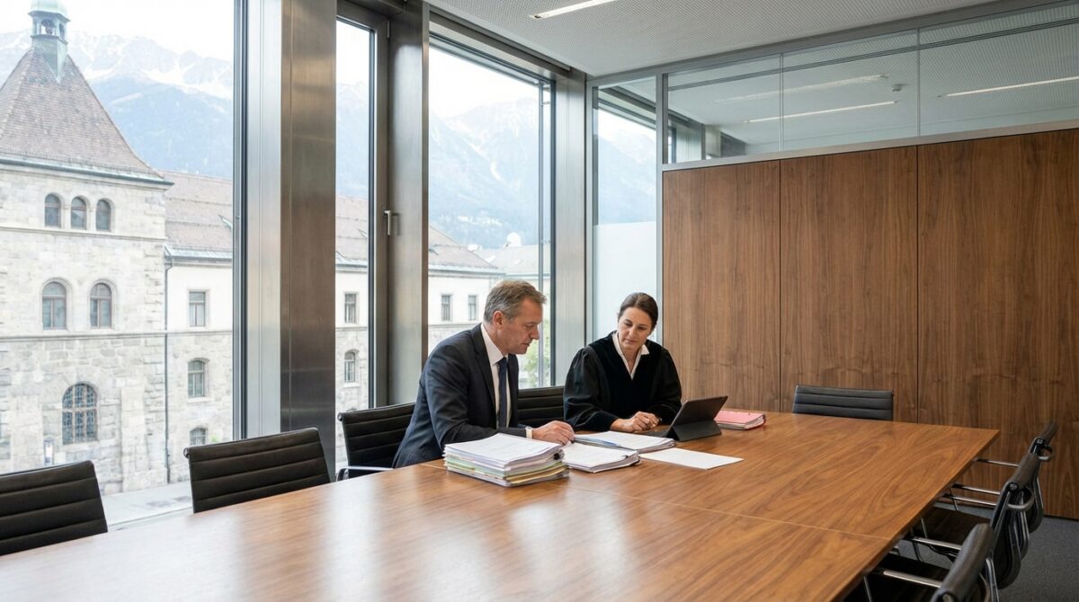 Zwei Personen sitzen mit Unterlagen und einem Laptop an einem Konferenztisch und besprechen die Arbeit in einem modernen Büro mit großen Fenstern und Bergblick.