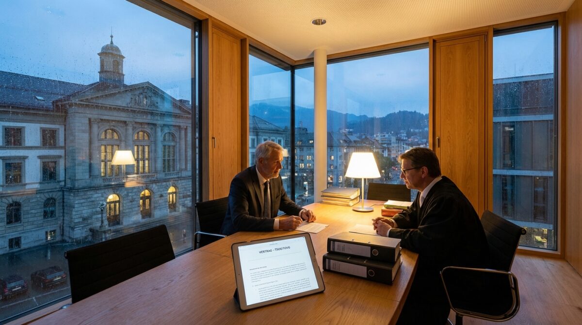 Zwei Männer in Anzügen diskutieren an einem Tisch in einem modernen Büro mit großen Fenstern und Blick auf eine Stadtlandschaft; auf dem Tisch liegen ein Dokument und Aktenordner.