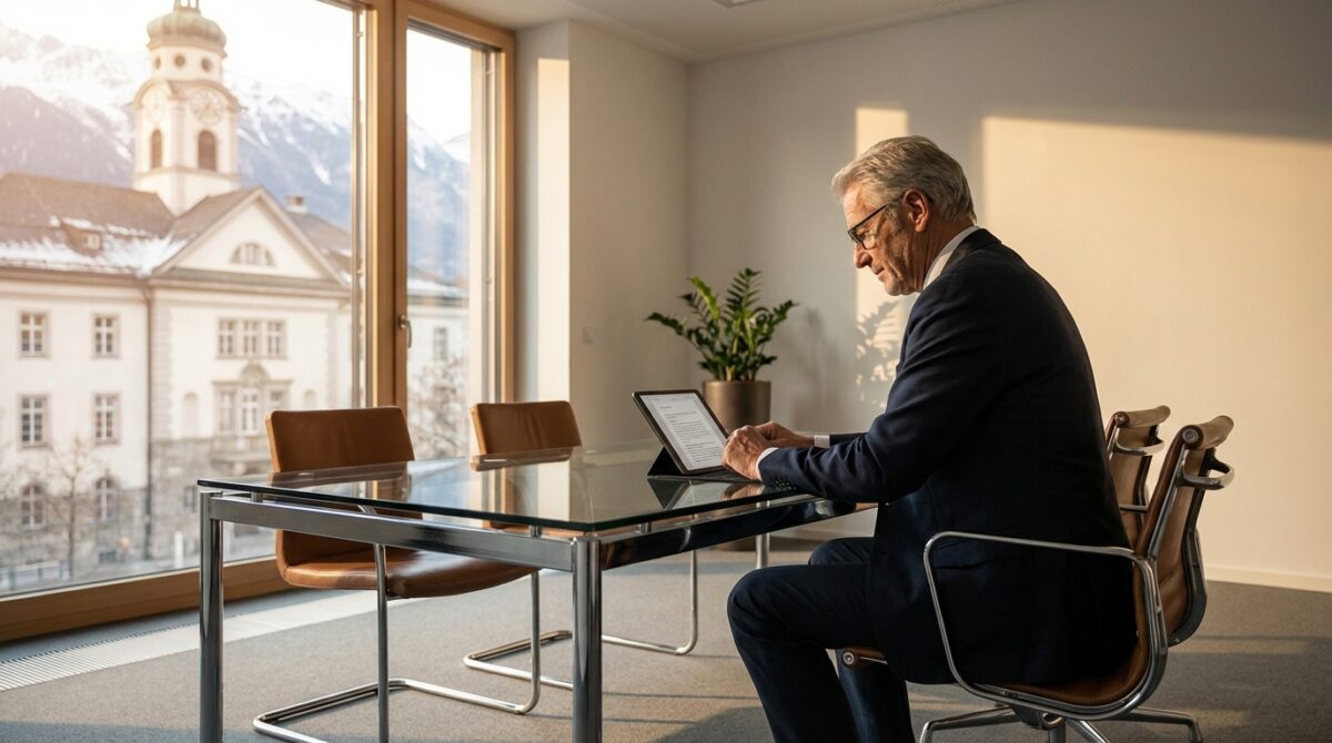 Ein älterer Mann im Anzug arbeitet an einem Laptop an einem Glastisch in einem modernen Büro mit großen Fenstern und Blick auf ein historisches Gebäude und verschneite Berge.