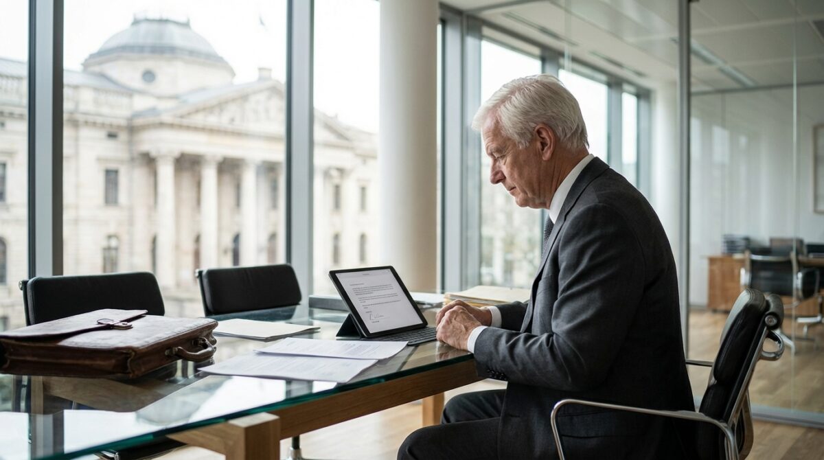 Ein älterer Mann im Anzug arbeitet an einem gläsernen Schreibtisch mit Dokumenten und einem Tablet in einem modernen Büro mit großen Fenstern und Blick auf ein historisches Gebäude.