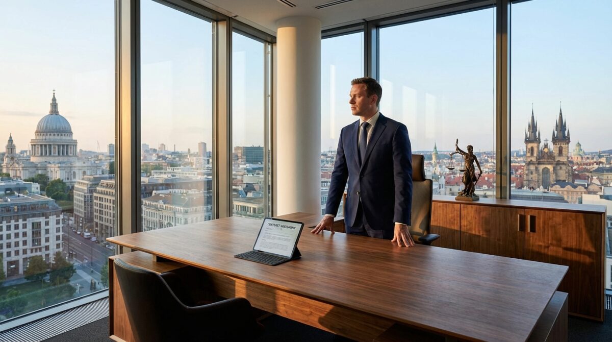 Ein Mann im Anzug steht hinter einem hölzernen Schreibtisch in einem modernen Büro mit großen Fenstern und Blick auf eine Stadtlandschaft mit bemerkenswerten historischen Gebäuden.