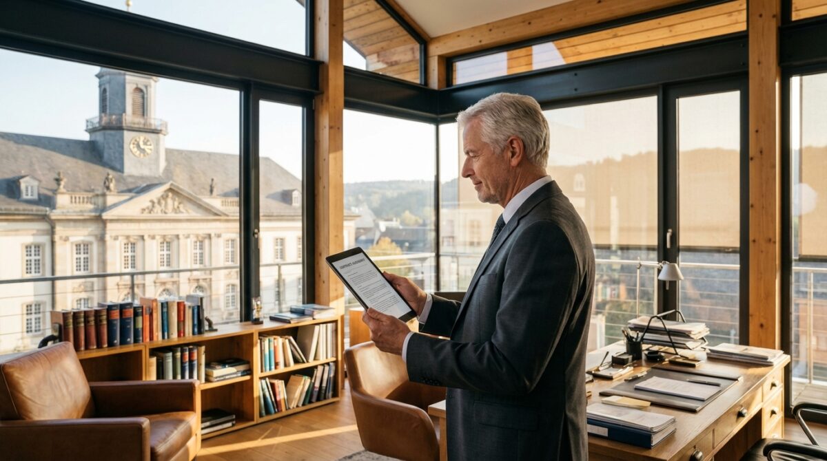 Ein Mann im Anzug steht in einem modernen Büro mit großen Fenstern und liest ein Dokument auf einem Tablet. Im Hintergrund sind Bücherregale, Schreibtische und städtische Gebäude zu sehen.