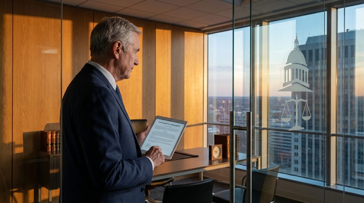 Ein Mann im Anzug liest ein Dokument auf einem Tablet in einem modernen Büro mit großen Fenstern und Blick auf eine Stadtlandschaft. An der Glaswand sind Rechtssymbole zu sehen.