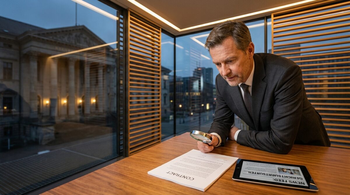 Ein Mann im Anzug prüft mit einem Smartphone in der Hand einen Vertrag auf einem Holztisch; neben dem Dokument liegt ein Tablet mit einer Nachrichtenseite in einem modernen Büro mit großen Fenstern.
