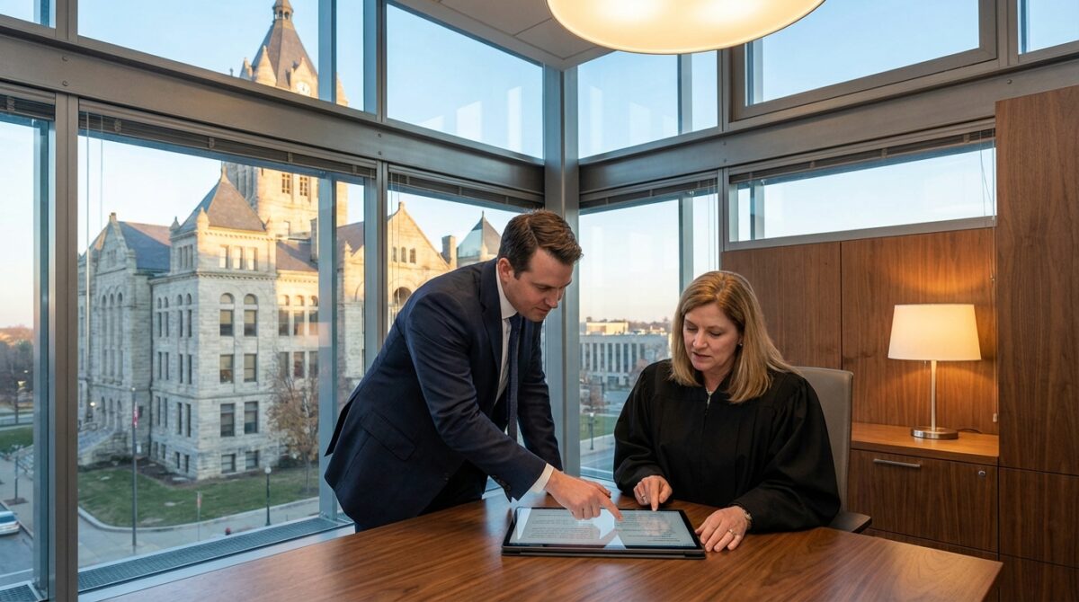 Ein Mann und eine Frau in Richterrobe prüfen ein Dokument auf einem Tablet in einem Büro mit großen Fenstern und Blick auf ein historisches Gerichtsgebäude.