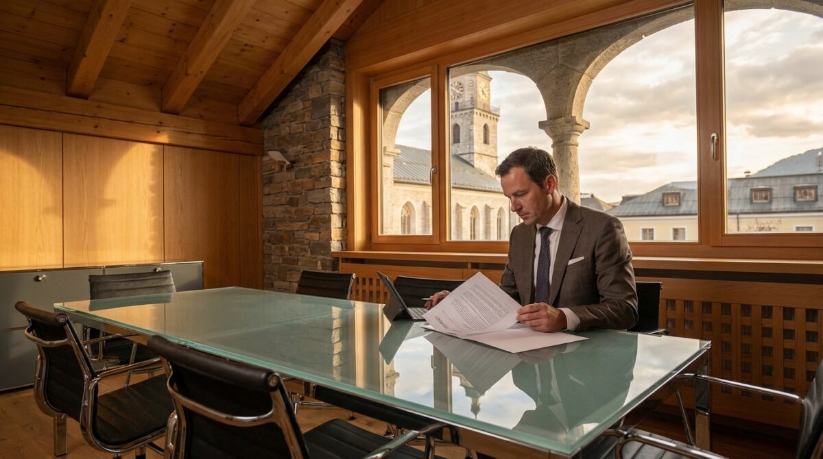 Ein Mann im Anzug sitzt allein an einem gläsernen Konferenztisch und prüft mit aufgeklapptem Laptop Dokumente in einem Raum mit großen Fenstern und Blick auf historische Architektur.