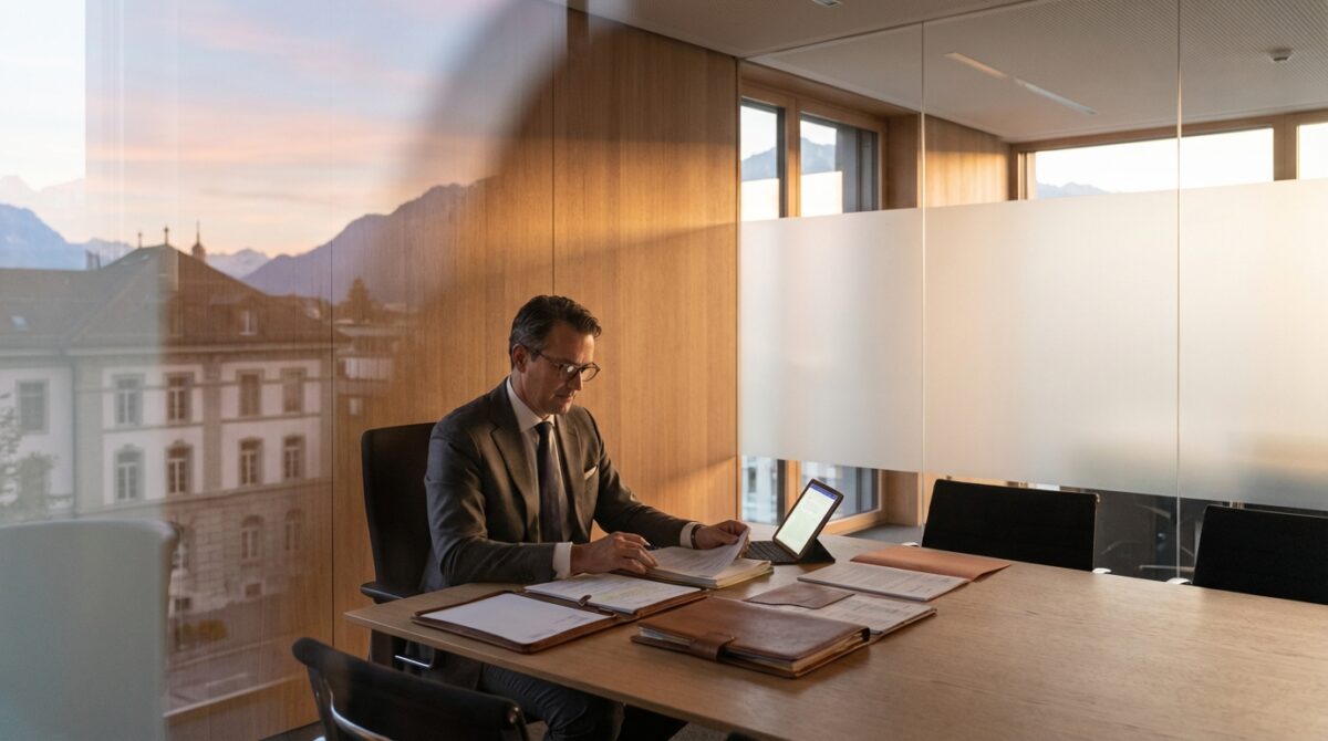 Ein Mann im Anzug sitzt allein an einem Schreibtisch in einem modernen Büro und arbeitet mit Dokumenten und einem Tablet, aus dessen großen Fenstern eine Stadtlandschaft bei Sonnenuntergang zu sehen ist.
