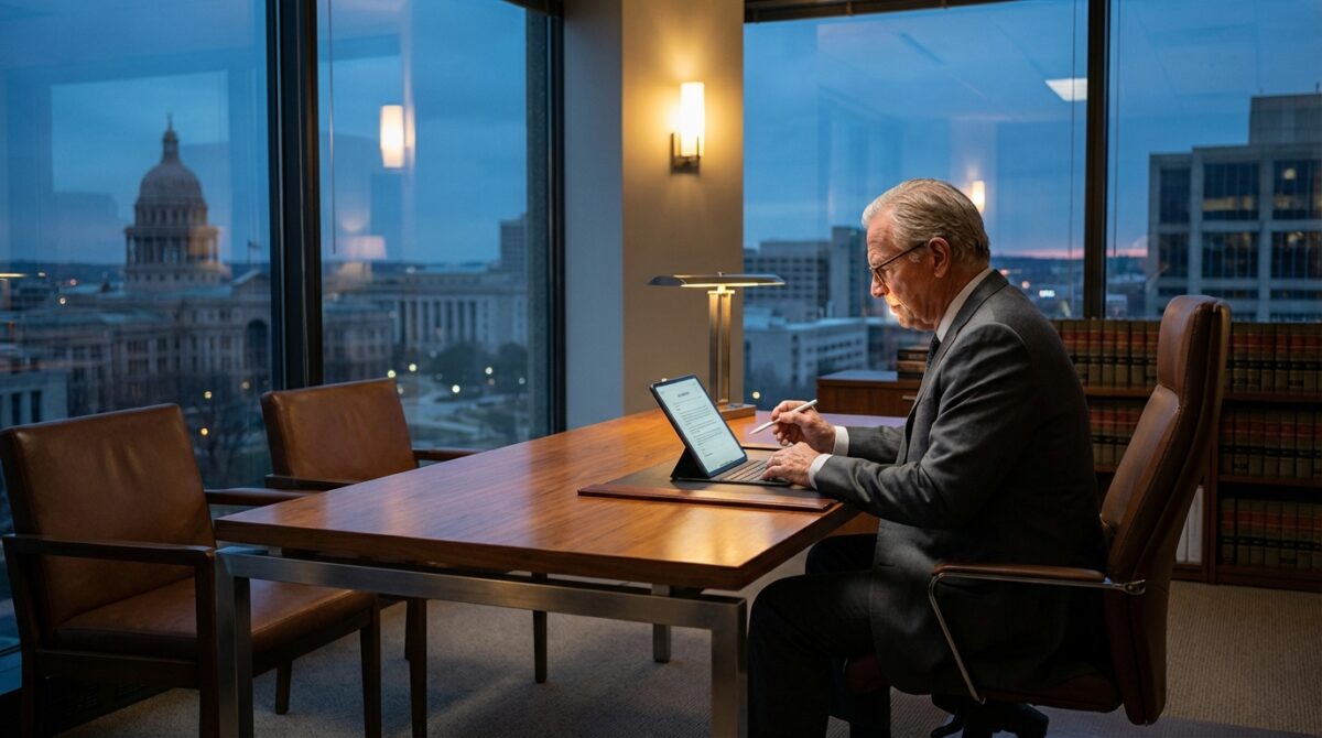 Ein älterer Mann im Anzug arbeitet an einem Tablet an einem Schreibtisch in einem modernen Büro mit großen Fenstern und Blick auf eine Stadtlandschaft in der Abenddämmerung.