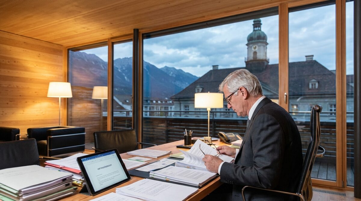 Ein älterer Mann im Anzug prüft Dokumente an einem großen Holzschreibtisch in einem modernen Büro mit großen Fenstern und Blick auf die Berge und ein historisches Gebäude.