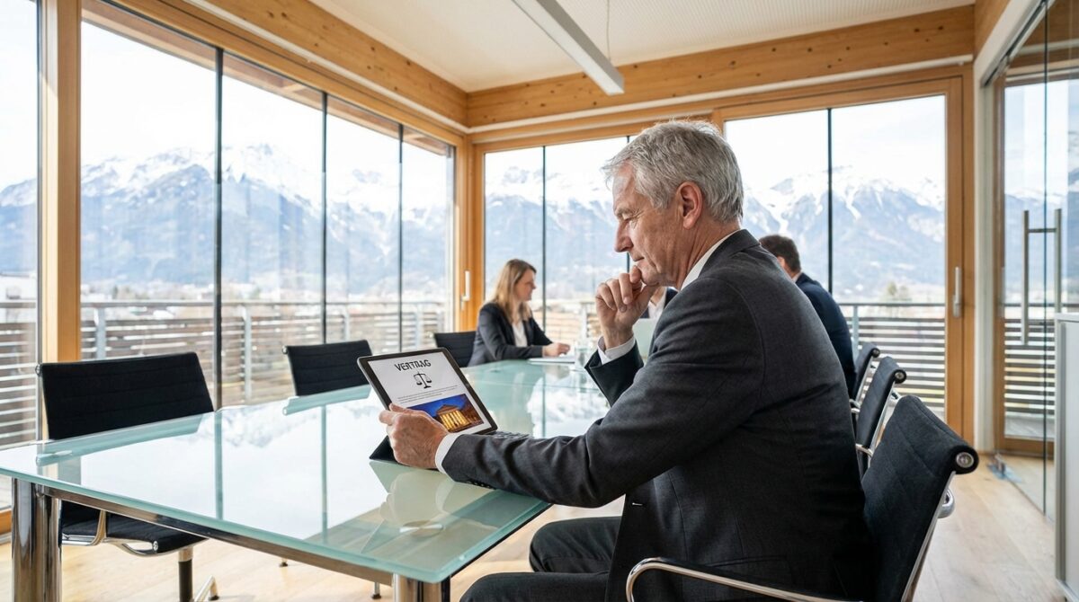 Ein Mann im Anzug sitzt an einem Glastisch in einem modernen Konferenzraum und schaut auf ein Tablet, auf dem ein Vertrag abgebildet ist. Durch die großen Fenster sind die Berge zu sehen.