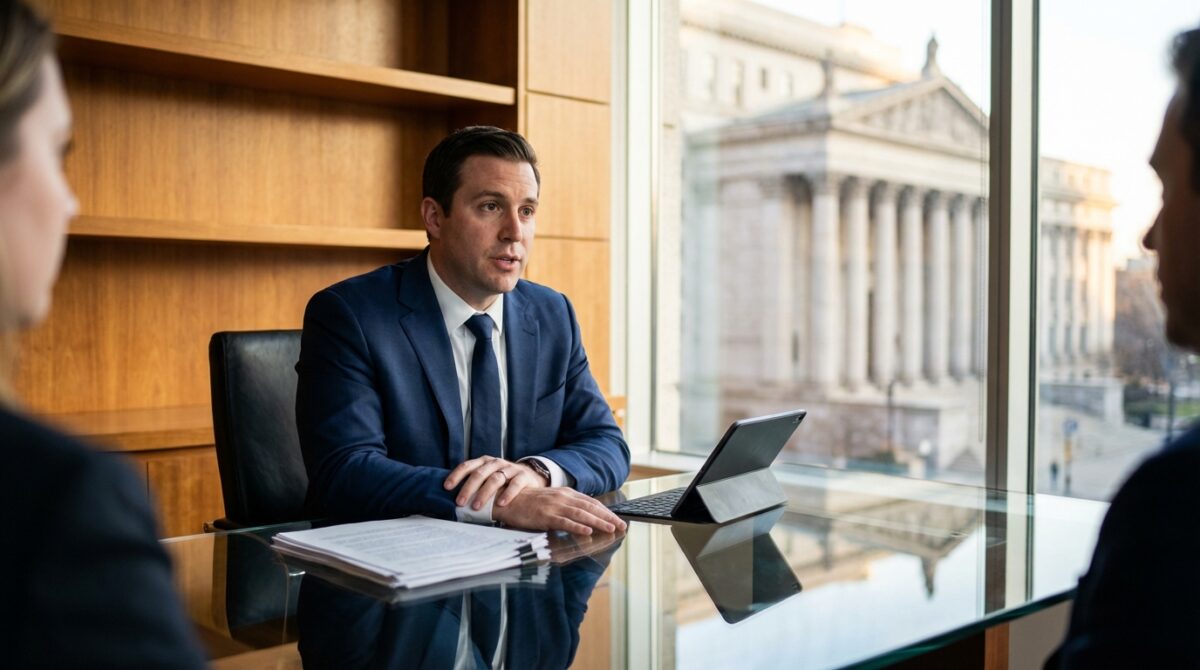 Ein Mann im Anzug sitzt an einem gläsernen Schreibtisch mit Papieren und einem Laptop und spricht mit zwei Personen in einem Büro mit großen Fenstern und Blick auf ein Regierungsgebäude.
