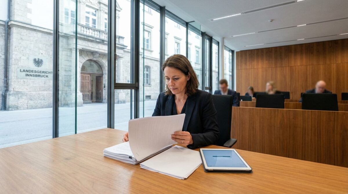Eine Frau sitzt an einem Schreibtisch und prüft Dokumente in einem Gerichtssaal. Neben ihr befindet sich ein elektronisches Tablet und im Hintergrund sitzen weitere Personen.