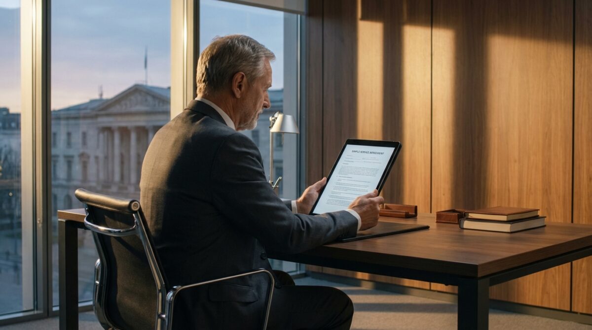 Ein älterer Mann im Anzug sitzt an einem Schreibtisch in einem Büro und liest auf einem Tablet ein Dokument mit dem Titel Datennutzungsvertrag. Große Fenster zeigen ein Gebäude im Freien.