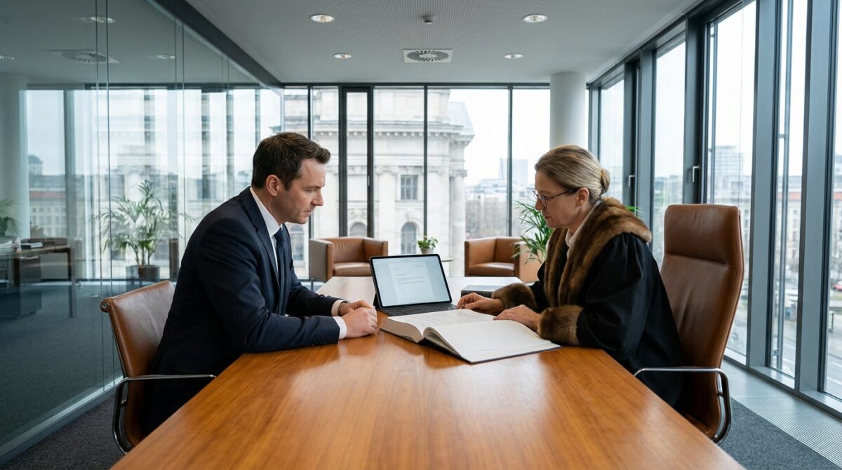 Ein Mann im Anzug und eine Frau in Anwaltsrobe sitzen in einem modernen Büro mit großen Fenstern an einem Konferenztisch und prüfen Dokumente und einen Laptop.