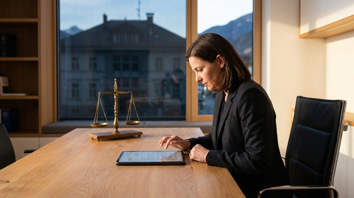 Eine Frau in Geschäftskleidung sitzt an einem hölzernen Schreibtisch und arbeitet mit einem Tablett, mit einer Waage der Gerechtigkeit und einem großen Fenster im Hintergrund.