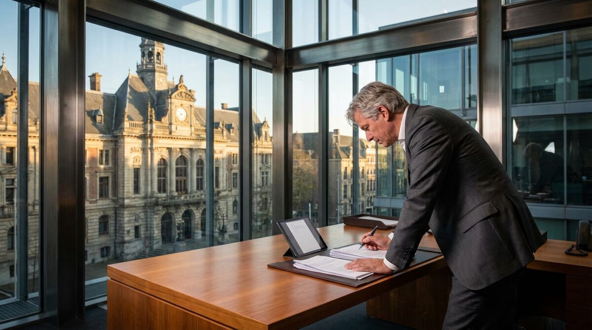 Ein Mann im Anzug steht an einem hölzernen Schreibtisch und prüft Dokumente in einem modernen Büro mit großen Fenstern und Blick auf ein historisches Steingebäude.