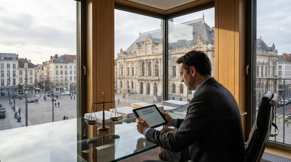 Ein Mann im Anzug sitzt an einem gläsernen Schreibtisch mit einer juristischen Waage, liest ein Dokument auf einem Tablet und blickt durch große Fenster auf einen Stadtplatz und ein historisches Gebäude.