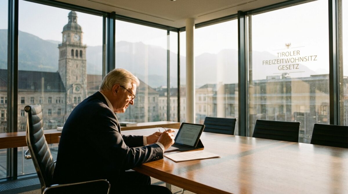 Ein älterer Mann im Anzug arbeitet an einem Tablet an einem Konferenztisch in einem modernen Büro mit großen Fenstern und Blick auf eine Stadtlandschaft und Berge.